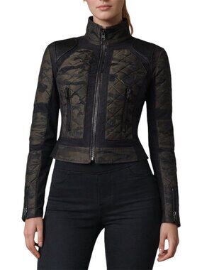 Blanc Noir Camo Mesh Inset Moto Jacket Quilted Lace Up Back Size M